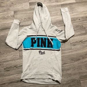 Pink Victoria’s Secret gray w blue pink font pullover sweatshirt hoodie hooded
